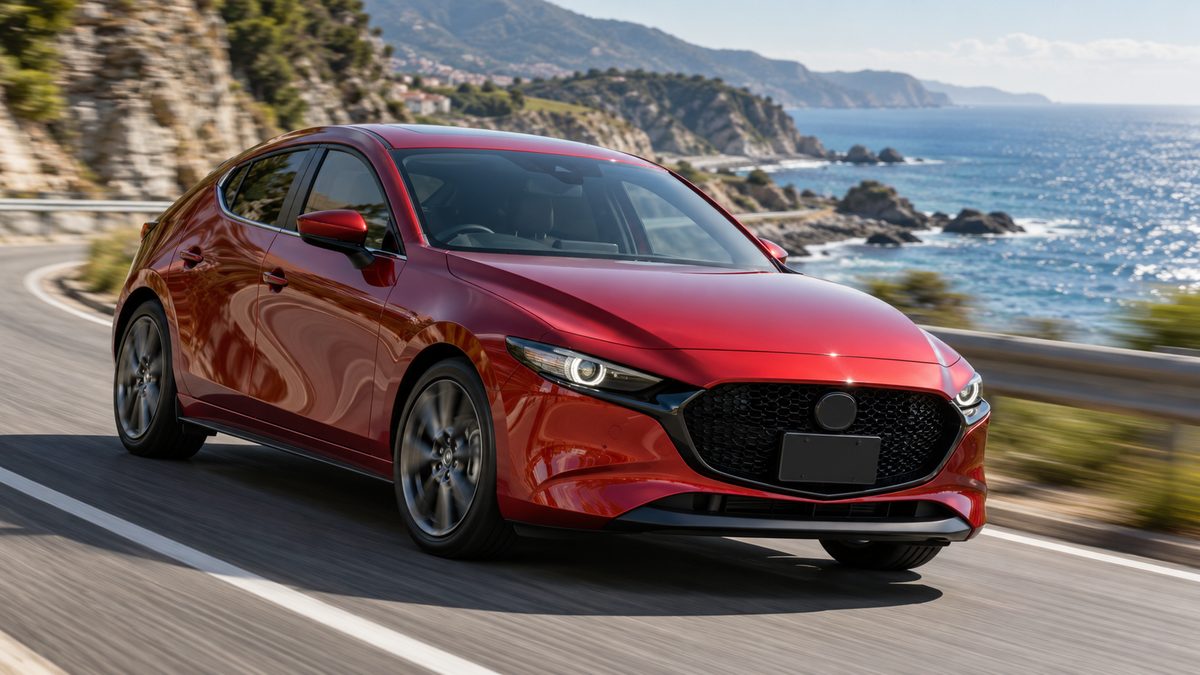 Красный хэтчбек Mazda 3 на прибрежной дороге Красный хэтчбек Mazda 3 на прибрежной дороге