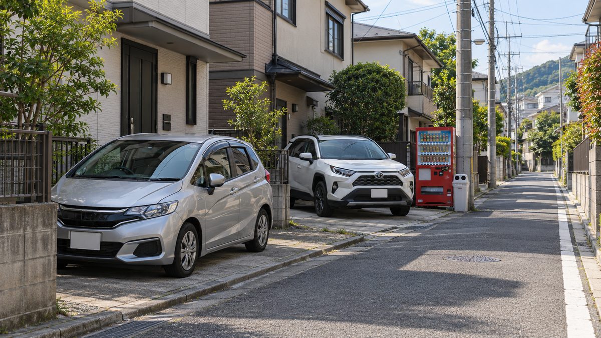 Honda Fit и Toyota RAV4 на улице японского пригорода