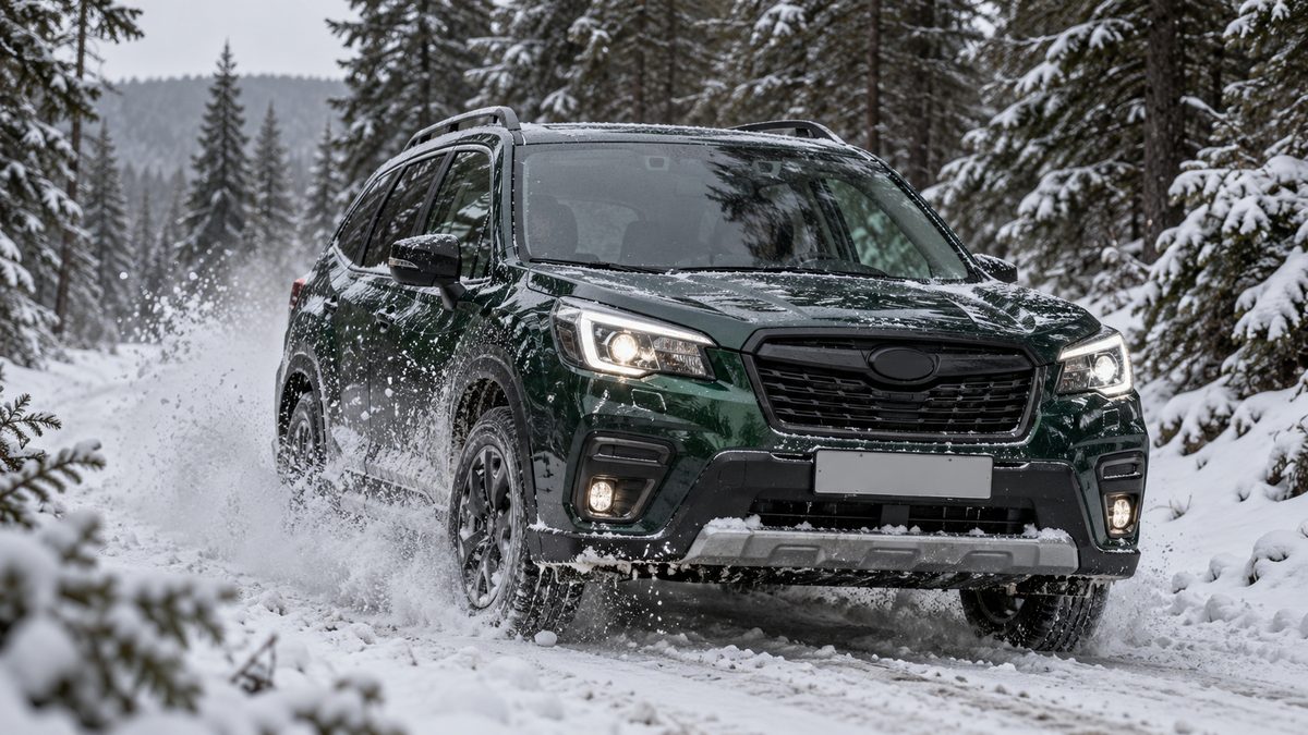 Subaru Forester на заснеженной лесной дороге