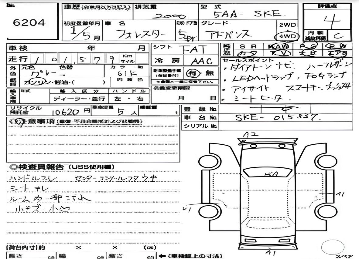 Аукционный лист Subaru Forester, 2019