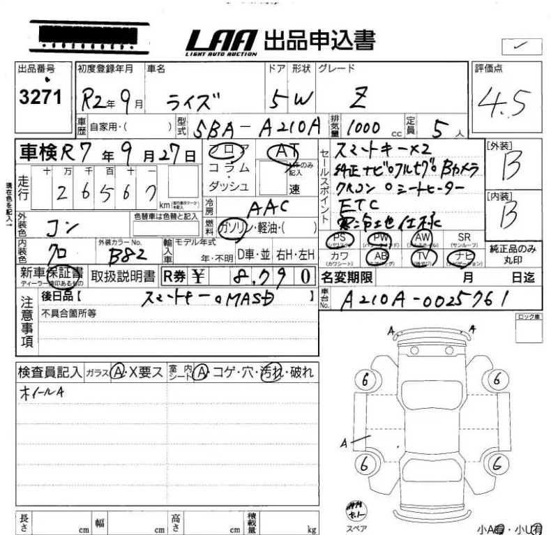 Аукционный лист Toyota Raize, 2020
