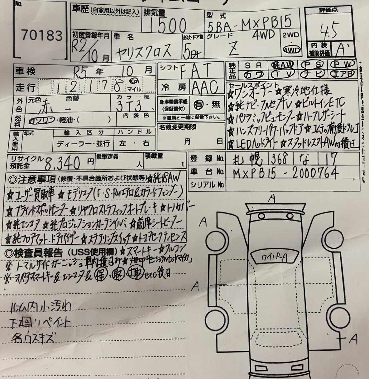 Аукционный лист Toyota Yaris Cross, 2020