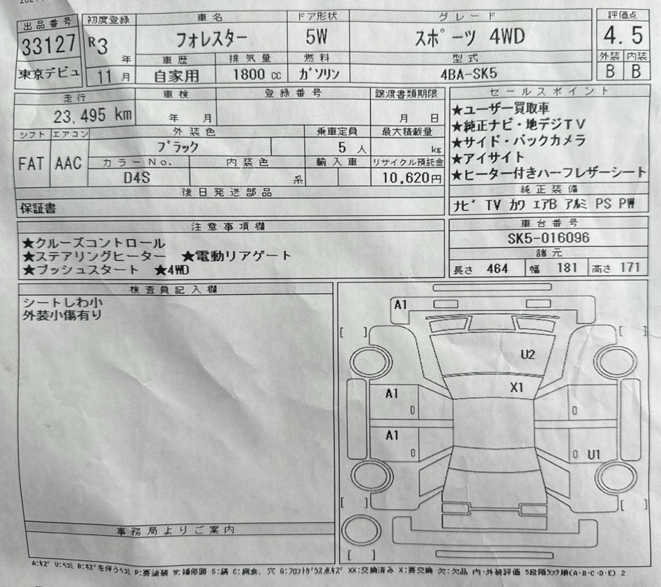 Аукционный лист Subaru Forester, 2021