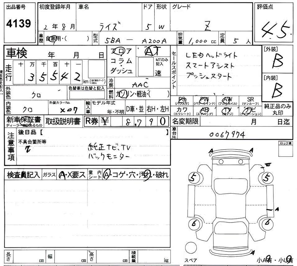 Аукционный лист Toyota Raize, 2020